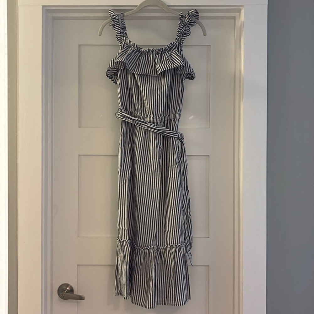 Michael Kors Striped Blue Ruffle Midi Dress Sleeveless Pullover Tiered Large